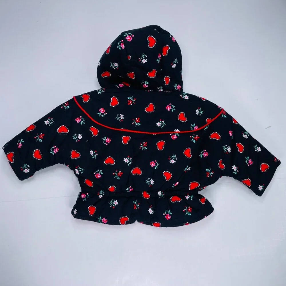 Vintage Baby Girls Black + Red Heart + Floral Print Winter Puffer Coat 12m